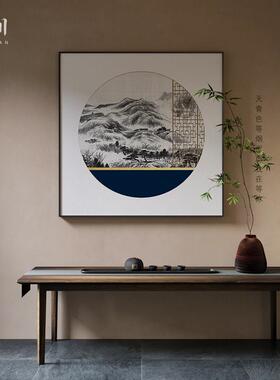 新中式中国风蓝色古典山水走廊过道玄关客厅装饰画壁画方形挂画