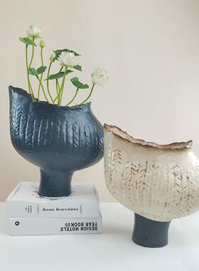 复古做旧侘寂风手工树脂花瓶摆件玄关客厅桌面插花器样板间装饰品