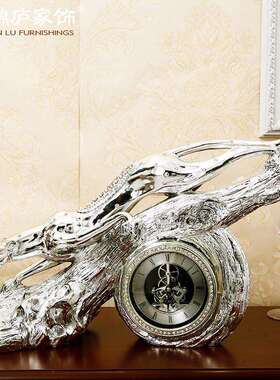 欧式创意客厅电镀金钱豹猎豹豹子时钟台钟座钟装饰品树脂工艺摆件