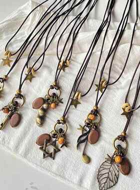 古风新中式禅意项链双层复古民族风羽毛吊坠蜡线项链女长款毛衣链