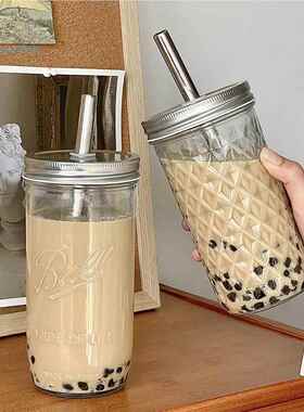 珍珠奶茶杯加粗吸管高硼硅玻璃杯子梅森杯咖啡杯大容量冷饮果汁杯