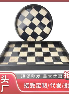 马毛黑白棋盘格钢琴漆香薰蜡烛托盘玄关桌面钥匙收纳盒轻奢高级感