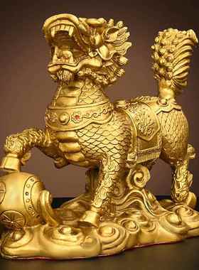 黄铜麒麟摆件一对招客厅财卧室求仔送子麒麟装饰品工艺礼品摆饰礼