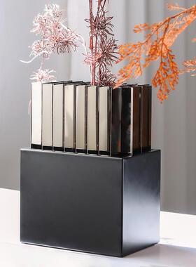 简约现代艺术格栅花器摆件家居样板房售楼处方形金属花插花瓶饰品