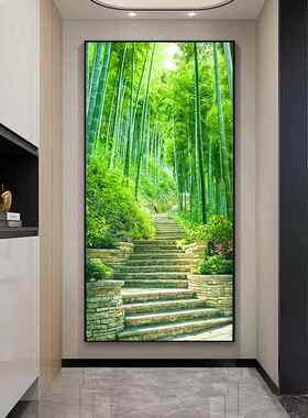 现代简约绿色竹林风景画挂画中式玄关装饰画竖版走廊过道墙画壁画