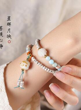 2026新中式黑花梨6mm红蓝色珠双圈手链女款炭烧猫咪简约手串念珠