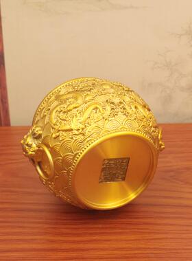 黄铜浮雕二龙戏珠铜缸摆件家居玄关招财纳福狮头龙纹缸摆件