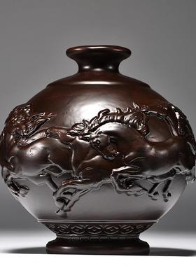 黑檀木到雕八骏雄风木花瓶厅摆件马成功客插花装饰家居实TQ-720质