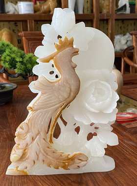 白玉花好月圆玉石摆件 家居客厅电视柜乔迁礼品花玉石工艺品摆设