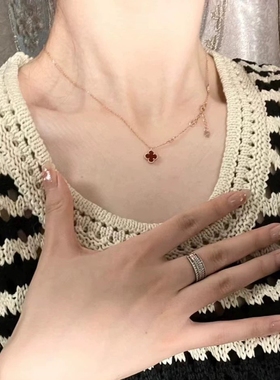 1.41万】99新梵克雅宝18K玫瑰金红玉髓四叶草项链VCARN59M00正品