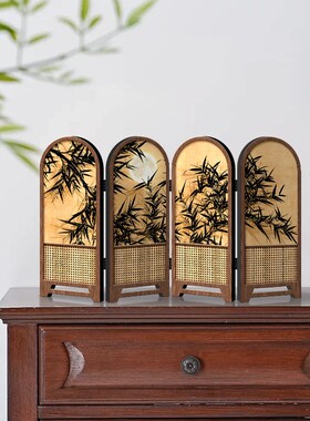 中古风桌面装饰摆件电视柜斗柜屏风摆台画墨竹图创意可折叠小摆画
