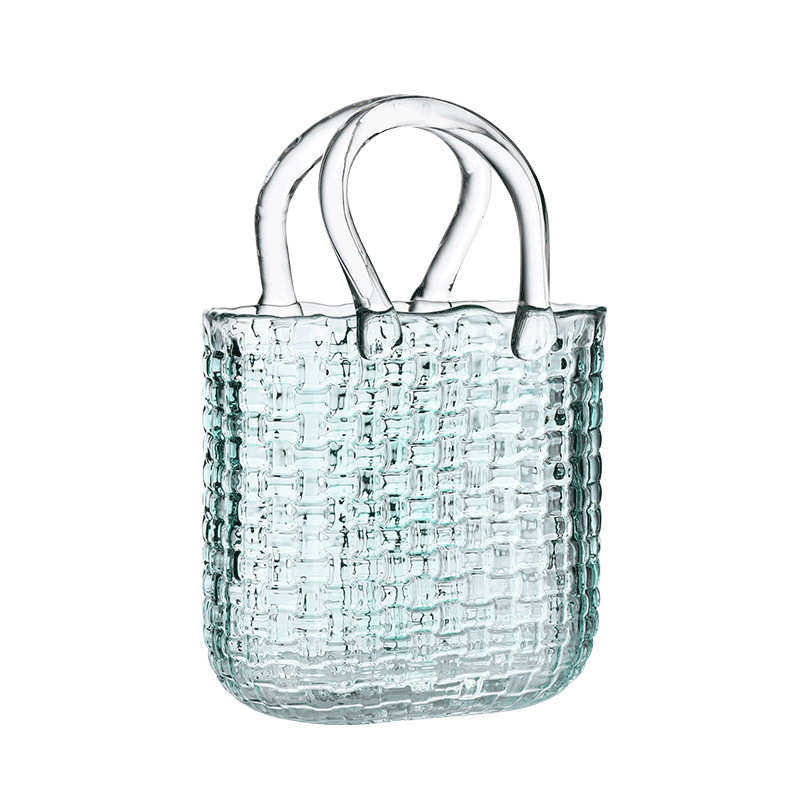轻奢简约藤编包包玻璃花瓶气泡手提蓝客厅餐桌插花干花水培装饰品,淘宝优惠券,粉丝福利购,淘宝优惠卷