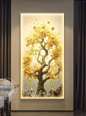 入门玄关装饰画带灯画2026年新款走廊过道挂画发财树东墙高端壁画