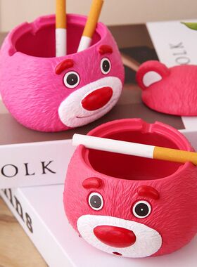 新款直销创意草莓熊烟灰缸卡通客厅家用办公室带盖烟灰缸树脂摆件