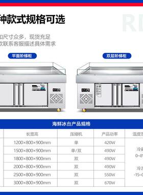 不锈钢海鲜冰台展示柜商用冷藏冷冻超市冰鲜台饭店卧式保鲜点菜柜