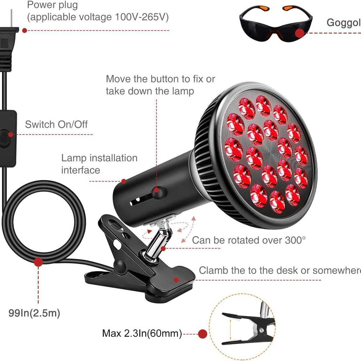 新led红光灯54W三脚架理疗灯PAR38双芯660 850nm近红光E27桌面夹,淘宝优惠券,粉丝福利购,淘宝优惠卷