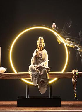 高档瓶禅意玉意净观音菩萨佛像摆件倒流灯香创陶瓷高档家居装饰工