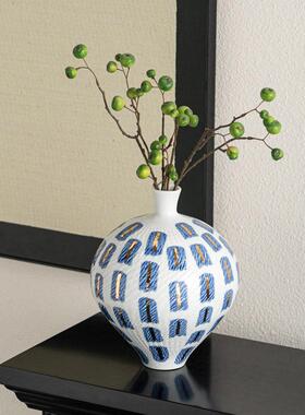 左顾设计师新款端手绘青花瓷描金花新中式陶瓷插花器家居摆件
