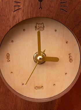 顽慕创意座钟客厅中办公室桌面时钟摆件电视柜台式实木质小猫钟表