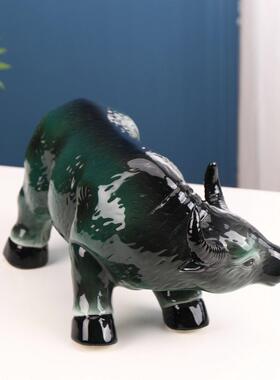 景德镇陶瓷黄牛黑牛工艺礼品中式摆件风水玄关家居招财生肖绿水牛