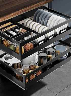 多功能厨房拉篮不锈钢双层抽屉式碗架橱柜碗篮收纳碗篮碟架工厂