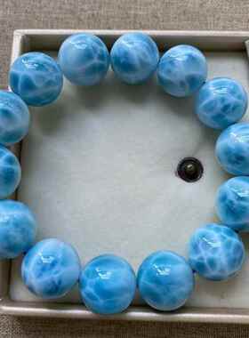 天然多米尼加海纹石手链大颗粒男女款单圈拉利玛圆珠手串规格16.5