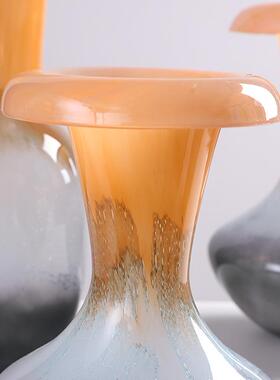 黄色肌理渐变黑高级艺术插花瓶手工琉璃玻璃花器民宿样板房摆件瓶