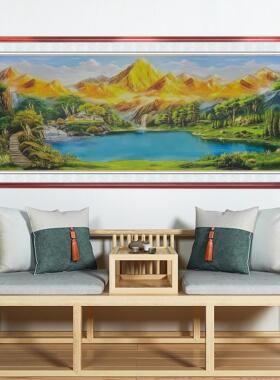 浮雕描金背靠金山挂画聚宝盆现代山水风景装饰画客厅沙发背景墙