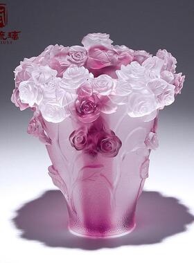 古法琉璃玫瑰花瓶摆件客厅插花轻奢高档新中式乔迁之喜水晶装饰品