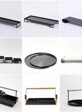 新中式铁艺托盘摆件茶盘茶几茶室家居客厅收纳提盒样板房软装饰品