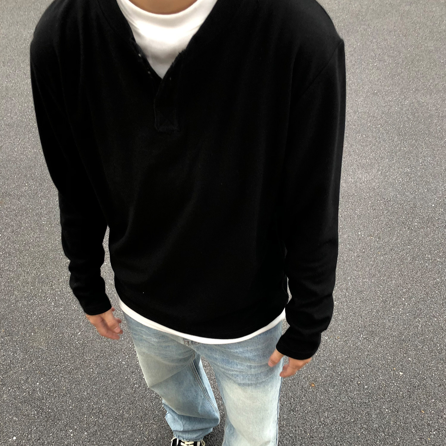 TZG黑色亨利领假两件长袖T恤男