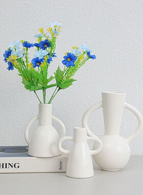 双耳条纹花瓶陶瓷摆件 水培鲜花花插陶瓷罐北欧ins桌面民宿装饰品