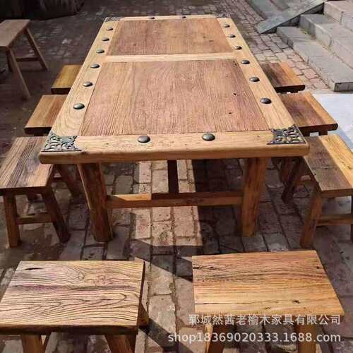 新中式老榆木茶桌客厅装饰待客茶几实木办公桌椅老门板茶桌阳台桌 - 图2
