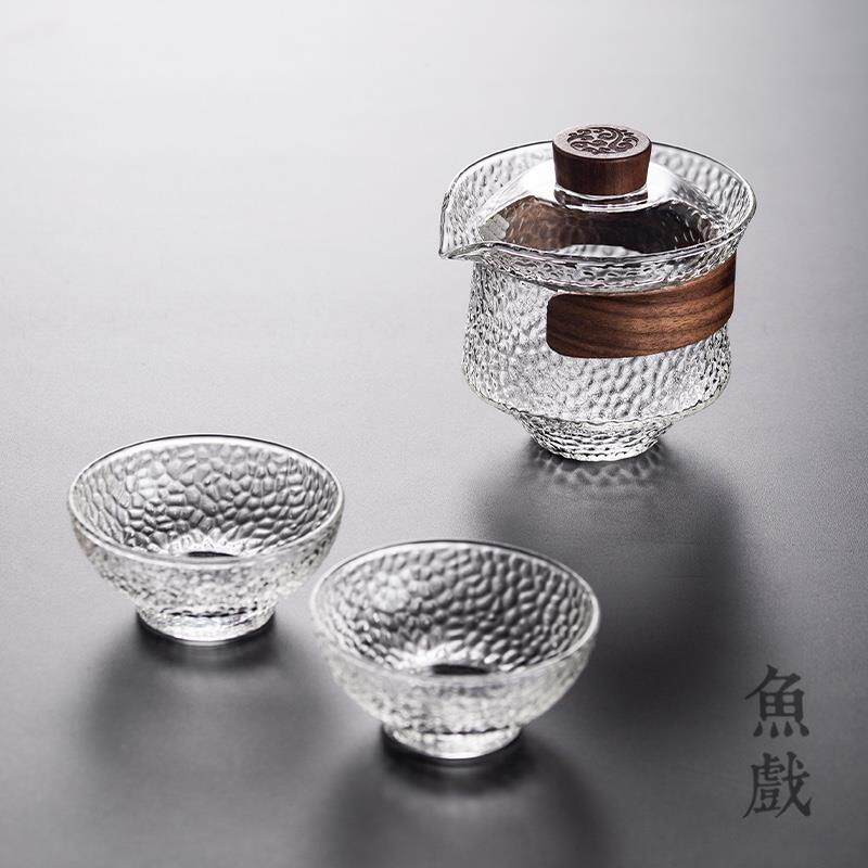 High-end fish glass bubble cup, portable travel tea set, one pot, two tall cups, quick cup, temperature-resistant tea cup, Kung Fu tea set