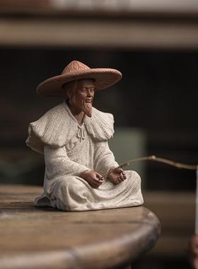 姜太公钓鱼摆件久造中式禅意创意陶瓷人物假山造景卧室书房摆设品