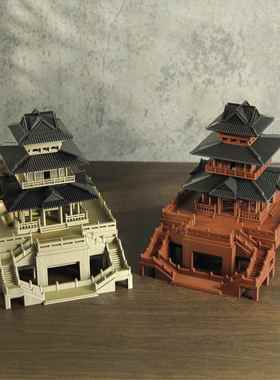 观山楼台古风建筑鱼缸假山盆景微景观造景装饰家居水陆缸摆件模型