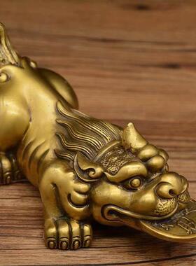 纯铜皮绣摆件桌面吉祥铜币皮丘客厅金吞兽大黄铜吉祥物工艺制品