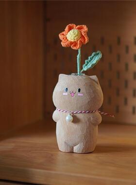 Joe的小作坊原创小猫木雕花器可爱创意桌面书桌手作INS风呆萌礼物