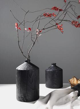 侘寂风黑色艺术花瓶器复古日式样板间装饰品高级感实木设计师摆件