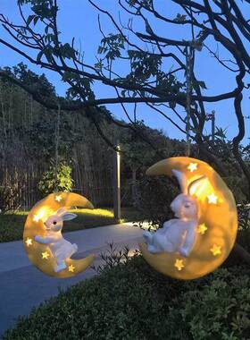 太阳能可爱小兔子月亮灯庭院户外民宿造景树挂装饰品墙面花园摆件