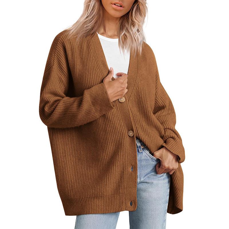Simple and versatile knitted womens button V-neck solid - 图0