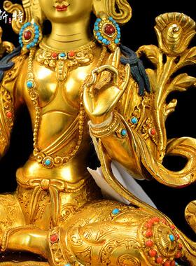 欧斯特绿度母铜像摆件7寸 尼泊尔手工艺品铜鎏金释迦族客厅装饰品