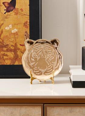 印度进口锡合金立体浮雕老虎狮子首饰收纳盘摆件黄铜展示支架装饰