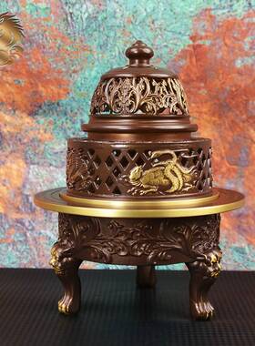 宏达全黄铜四神兽熏香炉浮雕八宝三足炉玄关装饰品铜器摆件