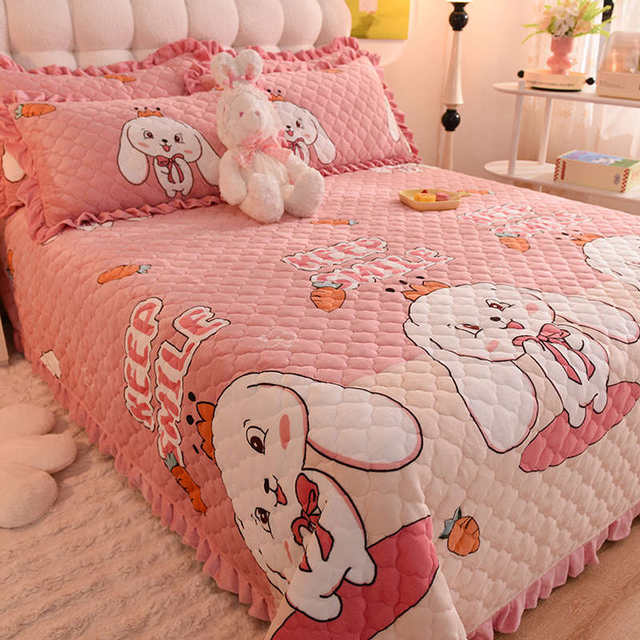 Thickened cartoon milk velvet bed cover single piece children boys and girls ruffle lace cotton bed sheet plus velvet to keep warm in winter
