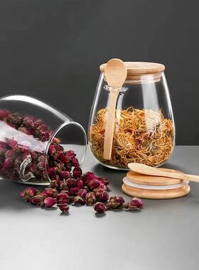 高硼硅玻璃调料罐竹盖带勺厨房密封罐家用储物罐五谷杂粮茶叶罐