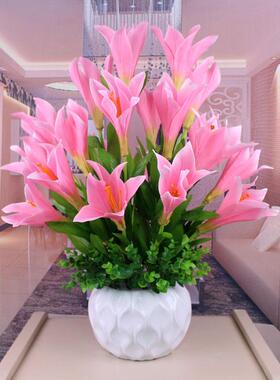 彷真花百合套装假花 客厅家居装饰花艺摆放花卉盆栽 绢花包邮