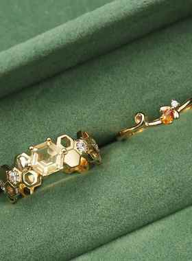 《采花酿蜜》薾曼原创设计叠戴蜜蜂黄水晶戒指高级感彩宝开口指环