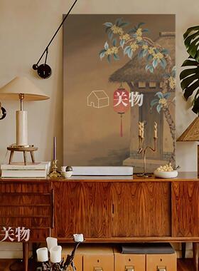 桂酿山房中式复古手绘油画中古风茅庐桂影客厅装饰画入户玄关挂画