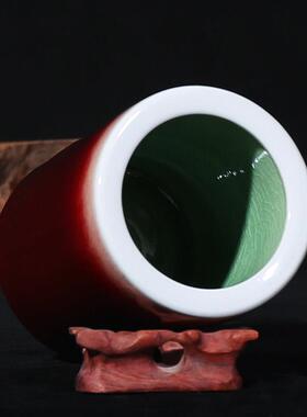 景德镇陶瓷器彷古郎红釉笔筒时尚办公室书房装饰摆件教师礼品大号